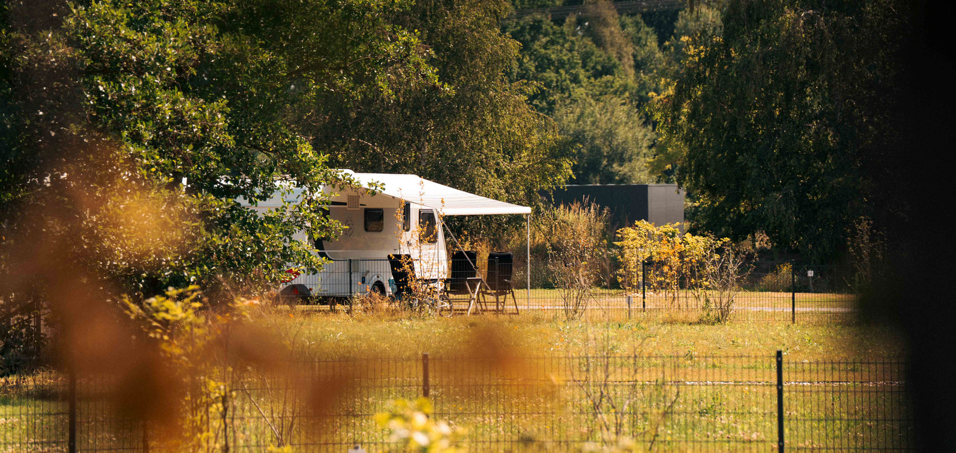 Blick durch Bäume und Zaun auf ein Wohnmobil mit Markise auf der sonnigen Stellplatzwiese